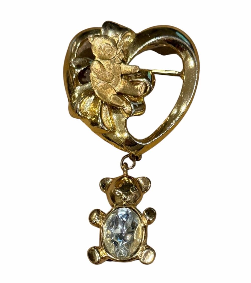 Vintage Trifari Gold Tone Heart Pin Articulated Teddy Bear Faceted Stone Brooch